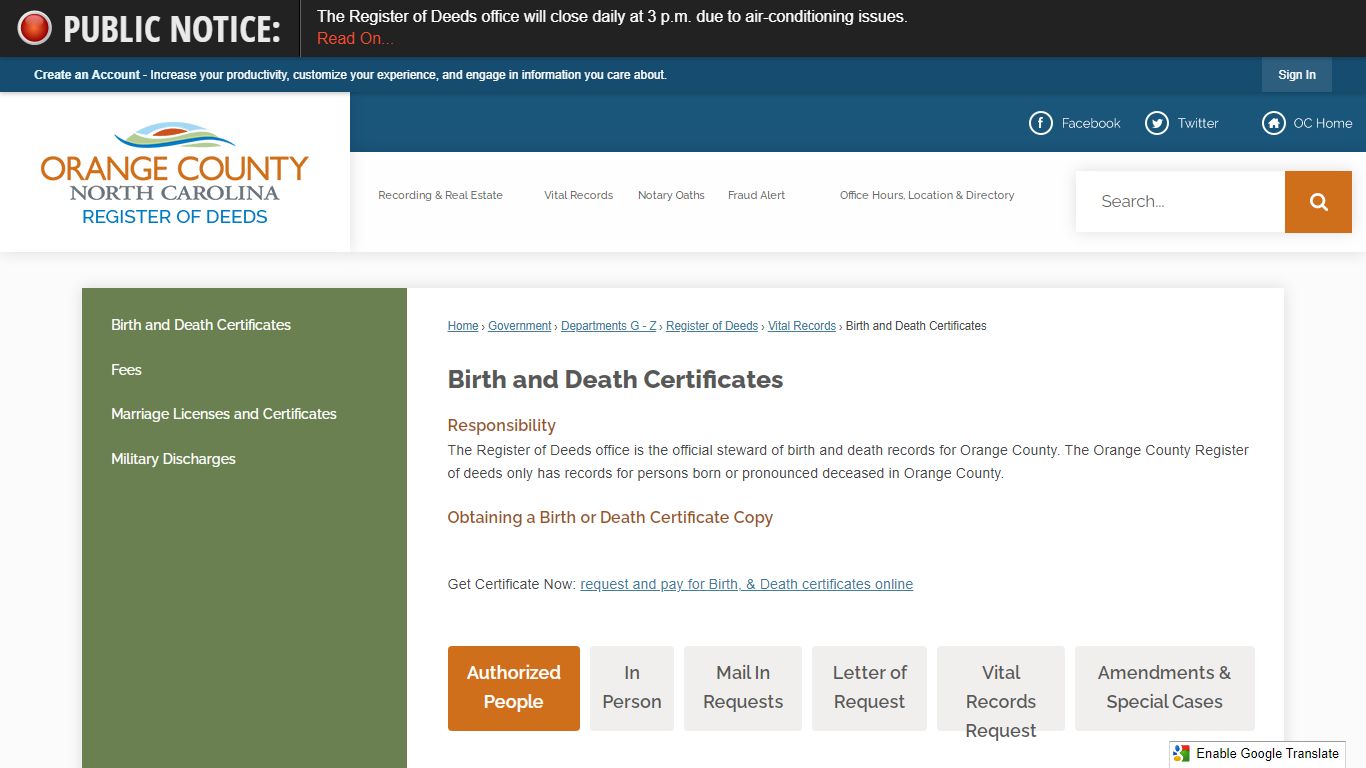 Birth and Death Certificates | Orange County, NC