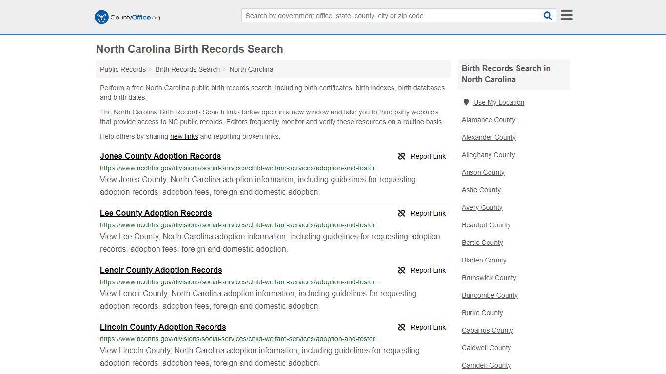 North Carolina Birth Records Search - County Office